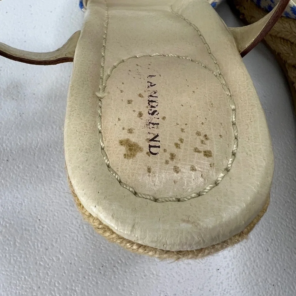 Lands' End Cara Espadrille Wedge Slingback Sandals Ankle Strap Blue Cream Size 7